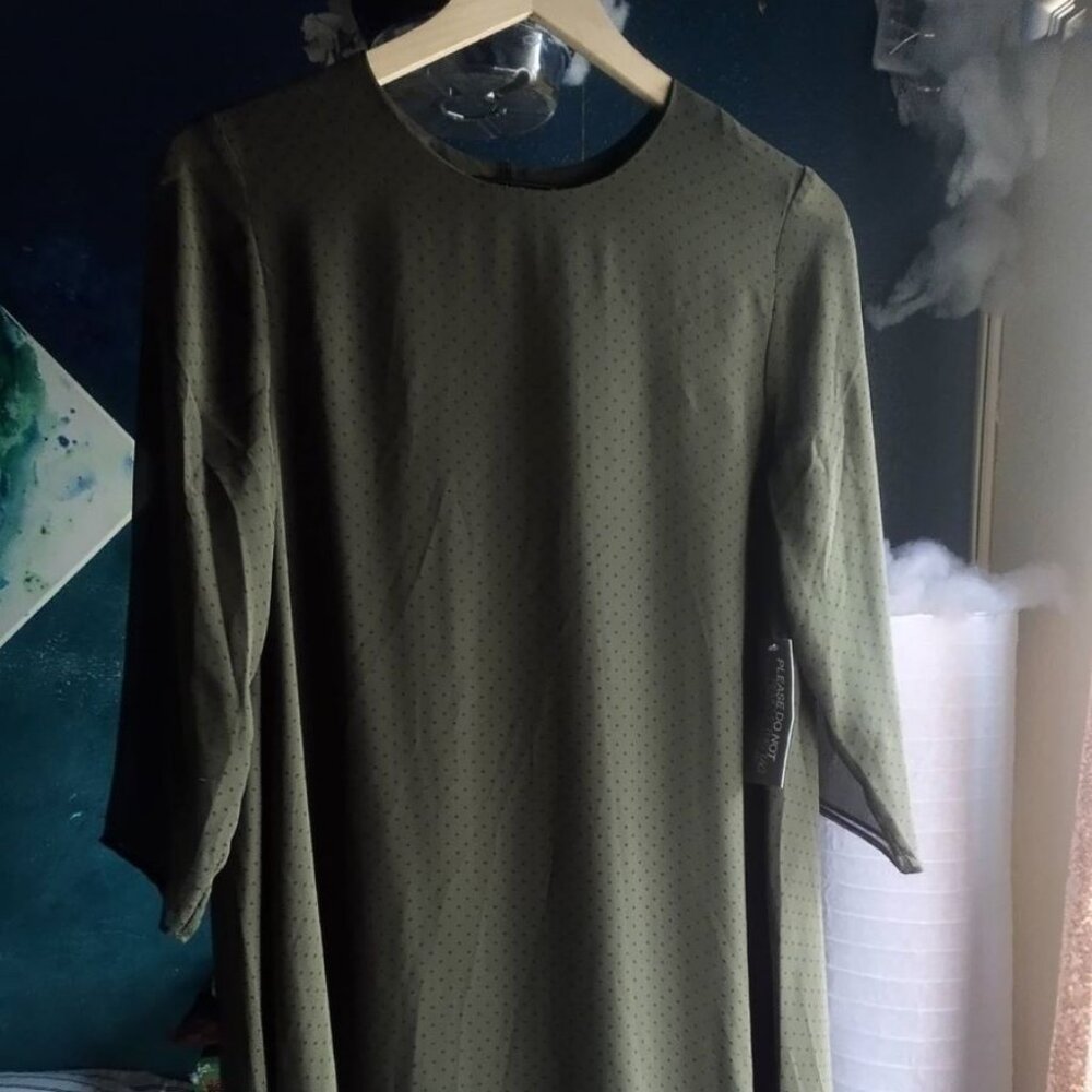 Eva Mendes Chiffon Polka Dot 3/4 Sleeve Dress in Olive